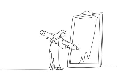 Sürekli tek satır halinde, Arap işkadını işaretli listeyi kalemle çiziyor. Bireysel tamamlama işi. Hedef başarı planlama programı. Tek çizgi çizimi tasarım vektörü grafik çizimi