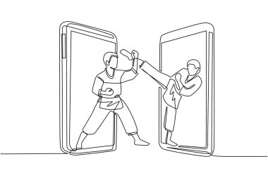 Sürekli bir hat halinde iki karate dövüşçüsü cep telefonundan dövüşmeye hazır olarak çıkıyor. Profesyonel karate dövüşçüleri birlikte karate çalışırlar. Tek çizgi çizme tasarım vektörü