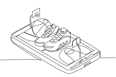 Tek sıra halinde basketbol ayakkabıları ve basketbol toplarını akıllı telefon ekranına çiziyor. Uygulama basketbollu akıllı telefon. Mobil spor akış şampiyonluğu maçı. Bir çizgi çizimi grafik tasarım vektörü