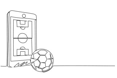 Uygulama futbol sahası ve top ile tek sıra halinde akıllı telefon çiziyor. Mobil spor akış şampiyonluğu maçı. Çevrimiçi futbol maçları. Bir çizgi çizimi grafik tasarım vektör çizimi