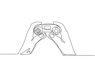 Tek sıra halinde, video oyunu konsolunu tutan genç adamın ellerini çiziyor. Oyuncuların oyun sahasını tutması. Video oyunu oynayan adam. Evde boş vakit geçirmek. Aralıksız çizgi çizimi tasarım grafik vektör çizimi