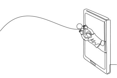 Tek satır halinde kaleci akıllı telefon ekranında gol kaydediyor. Futbolcu iş başında. Futbolcu. Kaleci savunma pozisyonu. Ceza kaydedin. Devamlı çizgi çizimi grafik vektörü