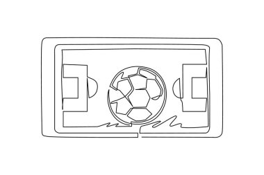 Tek bir çizgi, akıllı telefon ekranında futbol sahası ve futbol topu çiziyor. Uygulamalı futbol topu olan akıllı telefon. Mobil spor akış şampiyonluğu maçı. Modern sürekli çizgi tasarım vektörü