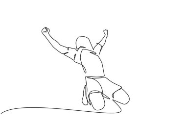 Devamlı bir çizgi çizen genç futbolcu formasıyla stadyumdaki golü kutluyor. Maç golü kutlama konsepti. Tek çizgi çizimi tasarım vektörü grafik çizimi