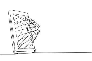 Sürekli bir çizgi çizerek akıllı telefondan gol atıyor. Çevrimiçi futbol maçları. Akıllı telefon uygulaması. Mobil futbol. Mobil spor akış şampiyonluğu maçı. Tek çizgi çizimi tasarım vektörü grafiği