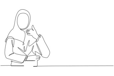 Kendine güvenen Arap iş kadınının onayladığı tek satır. Başparmak işareti gösteren tesettürlü heyecanlı bir kadın. Anlaştık, kabul, kabul, kabul. Devamlı çizgi çizimi grafik vektörü