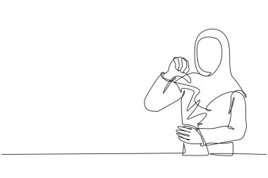 Aralıksız bir çizgi, mutsuz bir Arap kadını işaret işareti göstererek çiziyor. Hoşlanmamak, katılmamak, hayal kırıklığı, onaylamamak, anlaşma yok. Duygu, vücut dili. Tek çizgi çizme tasarım vektörü