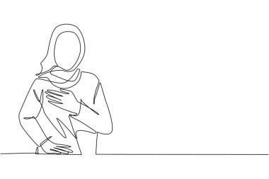 Tek sıra halinde, genç bir Arap kadının elini göğsüne koyması. Gülümseyen dost canlısı bayan şükranlarını sunuyor. Duygu, vücut dili konsepti. Aralıksız çizgi çizimi tasarım grafik vektör çizimi