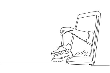 Akıllı telefon ekranından çıkan tek bir çizgi elinde futbol ayakkabısı çiziyor. Mobil futbol. Mobil spor karşılaşması. Çevrimiçi futbol maçı. Bir çizgi çizimi tasarım vektörü illüstrasyonu