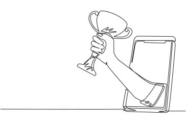 Sürekli bir çizgi elinde kupa gezici ekrandan dışarı çıkıyor. Uygulamalı futbol topu olan akıllı telefon. Mobil spor akış şampiyonluğu maçı. Tek çizgi çizimi tasarım vektör çizimi