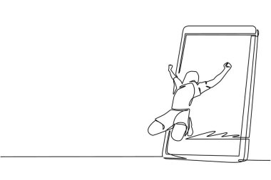 Tek çizgi çizen futbolcu, kafasında formasıyla akıllı telefon ekranından golü kutluyor. Canlı mobil uygulamalı çevrimiçi futbol maçı. Bir çizgi çizimi tasarım vektörü illüstrasyonu