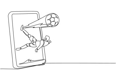 Devamlı bir çizgi çizen futbolcu, akıllı telefon ekranından topa vuruyor. Mobil spor karşılaşması. Canlı mobil uygulamalı çevrimiçi futbol maçı. Tek çizgi çizimi tasarım vektörü grafiği