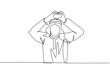 Genç bir Arap 'ın parmaklarıyla kalp sembolü çizmesi ya da işaret etmesi. Modern erkek yaşam tarzı, sağlık hizmeti, aşk şekli konsepti. Aralıksız çizgi çizimi tasarım grafik vektör çizimi