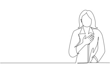 Tek sıra halinde, ellerini göğsüne koyan genç bir kadın. Gülümseyen dost canlısı bayan şükranlarını sunuyor. Duygu, vücut dili konsepti. Modern sürekli çizgi çizimi tasarım grafik vektör çizimi