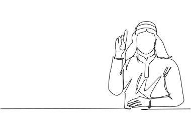 Ayakta durup gülümseyen genç bir Arap erkeği işaret eden tek sıra. Mutlu adam fotokopi alanını işaret ediyor. Duygu ve vücut dili kavramı. Bir çizgi çizimi tasarım vektörü illüstrasyonu