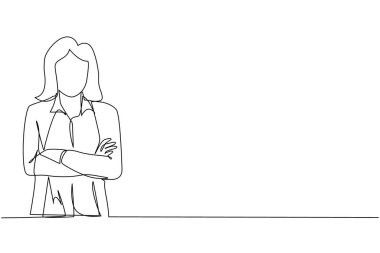 Tek sıra halinde tişörtlü, kendine güvenen ve kollarını kavuşturan bir kadın çiziyor. Kollarını kavuşturup duran aktif bir iş kadını. Bir çizgi çizimi grafik tasarım vektör çizimi