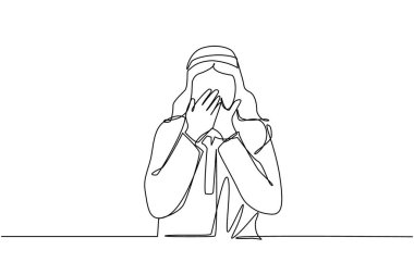 Tek sıra halinde genç bir Arap 'ın elleriyle ağzını kapatması. Eli ve ağzı olan bir erkek hata yaptığı için utanır, korkunun dışavurumu, sessizlik içinde korkar, gizli. Devamlı çizgi çizim tasarım vektörü