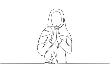 Bir satırda Arap işkadını özür diliyor. Elleriyle müşteriye yalvarıyor. Yüzünde umut ifadesi var. Devamlı çizgi çizimi tasarım vektörü illüstrasyonu