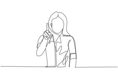 Ayakta durup gülümseyen genç dişiyi işaret eden tek sıra. Fotokopi alanını gösteren hoş bir kadın. Duygu ve vücut dili kavramı. Bir çizgi çizimi tasarım vektörü illüstrasyonu