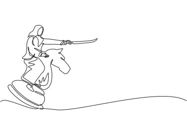 Tek sıra halinde, elinde kılıçla büyük bir satranç atına binen Arap iş kadını çiziyor. Strateji, iş, rekabet, başarı hedef kavramı. Bir çizgi çizimi grafik tasarım vektör çizimi