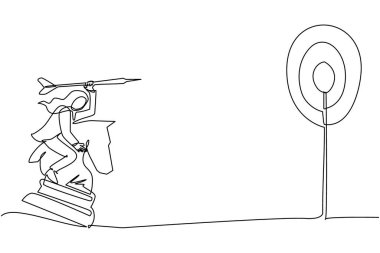 Tek sıra halinde, elinde okla satranç sopasıyla gezen Arap bir iş kadını çiziyor. Stratejik bir kavram. Başarılı bir işletme yöneticisi. Bir çizgi çizimi grafik tasarım vektör çizimi