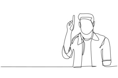 Tek sıra halinde genç bir erkek ayakta durup gülümserken parmağını kaldırıyor. Adam kopyalama alanını işaret ediyor. Duygu ve vücut dili kavramı. Aralıksız çizgi çizimi tasarım grafik vektör çizimi
