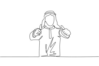 Kendine güvenen Arap işadamlarının çizdiği tek sıra. Geleneksel giyinmiş heyecanlı erkek baş parmak işareti gösteriyor. Anlaştık, kabul, kabul, kabul. Bir çizgi çizme tasarım vektörü