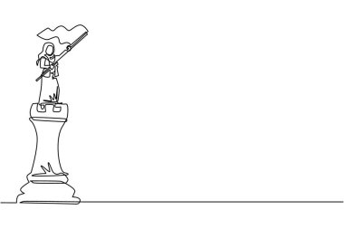 Tek sıra halinde, büyük kalenin tepesinde duran ve bayrak sallayan Arap iş kadını çiziyor. Lider başarı konsepti. Başarılı iş stratejisi. Bir çizgi çizimi tasarım vektörü illüstrasyonu