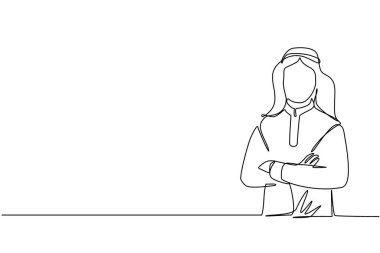 Geleneksel giysiler içinde gülümseyen, kendine güvenen, kollarını kavuşturan tek sıra. Kollarını kavuşturarak ayakta duran aktif bir iş adamı. Bir çizgi çizimi tasarım vektörü illüstrasyonu