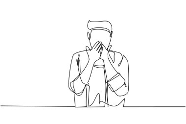 Sürekli tek sıra halinde ağızlarını elleriyle kapatan bir adam. Eli ve ağzı olan bir erkek hata yaptığı için utanır, korkunun dışavurumu, sessizlikten korkar, gizli bir konsept. Tek çizgi çizme tasarım vektörü