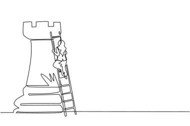 Arap iş kadını çizen tek çizgi büyük bir satranç taşını merdivenle tırmanır. İş stratejisi ve pazarlama planı. İş konseptinde stratejik bir hamle. Devamlı çizgi çizimi grafik vektörü