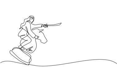 Sürekli bir çizgi halinde, Arap işadamı büyük bir satranç atına kılıçla biniyor. Strateji, iş, rekabet, başarı hedef kavramı. Tek çizgi çizimi tasarım vektörü grafik çizimi