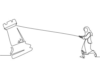 Sürekli bir çizgi halinde, Arap iş kadını büyük kaleyi halatla çekiyor. İş başarısı hedefi, strateji, rekabetçi, stratejik kavram. Tek çizgi çizimi tasarım vektör çizimi