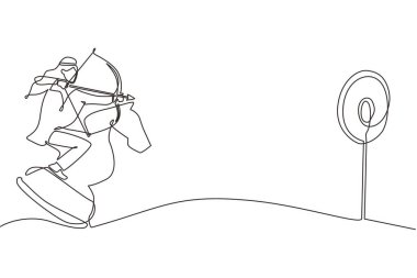 Tek sıra halinde, Arap işadamı elinde okçulukla satranç taşına binerken hedefe nişan alıyor. Stratejik bir kavram. Başarılı bir işletme yöneticisi. Devamlı çizgi çizimi tasarım vektörü illüstrasyonu