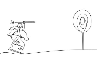 Tek sıra halinde, Arap işadamı elinde okla satranç taşına binerken stratejik bir konsept çiziyor. Başarılı bir işletme yöneticisi. Bir çizgi çizimi grafik tasarım vektör çizimi