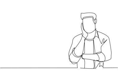 Çapraz elle el ele tutuşan genç adamın çizdiği bir çizgi devam ediyor. Sıkılmış ya da yorgun bir insan el ele tutuşuyor. Erkek, diş ağrısı çekiyor. Tek çizgi çizimi tasarım vektör çizimi