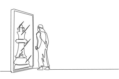 Satranç kralını yansıtan, aynanın önünde duran Arap işadamının çizdiği tek çizgi. Güven metaforu. Başarı, fırsatlar konsepti. Devamlı çizgi çizimi tasarım vektörü illüstrasyonu