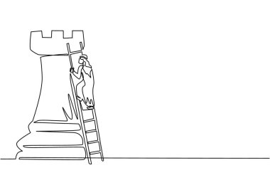 Tek sıra halinde, Arap işadamı merdivenle dev bir satranç taşına tırmanıyor. İş stratejisi ve pazarlama planı. İş konseptinde stratejik bir hamle. Devamlı çizgi çizimi grafik vektörü