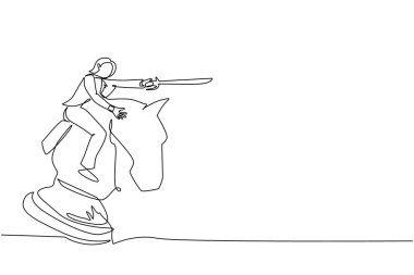 Kılıçlı büyük bir satranç atına binen sevimli bir iş kadını çiziyor. Strateji, iş, rekabet, başarı hedef kavramı. Tek çizgi çizimi tasarım vektörü grafik çizimi