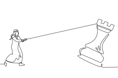 Tek sıra halinde, Arap işadamı büyük satrancı iple çekiyor. İş başarısı hedefi, strateji, rekabetçi, stratejik kavram. Aralıksız çizgi çizimi tasarım grafik vektör çizimi