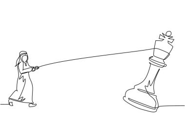 Tek sıra halinde, Arap işadamı büyük kralı halatla çekiyor. İş başarısı hedefi, strateji, rekabetçi, stratejik kavram. Bir çizgi çizimi grafik tasarım vektör çizimi