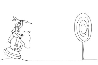 Devamlı bir çizgi, elinde ok tutan aktif bir iş kadını çiziyor, satranç taşına binerken, stratejik bir kavram. Başarılı bir işletme yöneticisi. Tek çizgi çizimi tasarım vektörü grafik çizimi