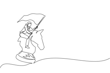 Tek sıra halinde, büyük bir satranç atına binen ve bayrak tutan iş kadını çiziyor. Strateji, rekabetçi, iş konseptinde stratejik hamle. Aralıksız çizgi çizimi tasarım grafik vektör çizimi