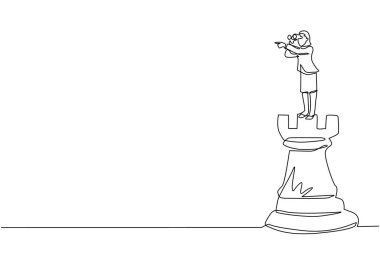 Teleskop kullanarak, başarı, fırsatlar ve gelecekteki iş eğilimlerini arayan tek sıra halinde büyük kalenin tepesine iş kadını çiziyor. Bir çizgi çizimi grafik tasarım vektör çizimi