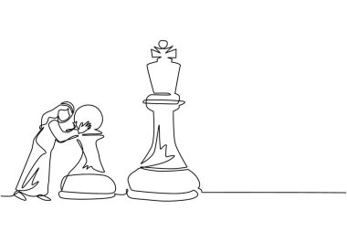 Arap işadamının çizdiği tek çizgi büyük bir piyon satranç taşını itiyor. İş stratejisi ve pazarlama planı. İş konseptinde stratejik bir hamle. Aralıksız çizgi çizimi tasarım grafik vektör çizimi