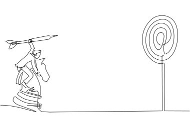 Tek sıra halinde, elinde ok tutan bir işadamını çiziyor. Stratejik bir kavram. Başarılı bir işletme yöneticisi. Dinamik bir çizgi çizer grafik tasarım vektörü çizer