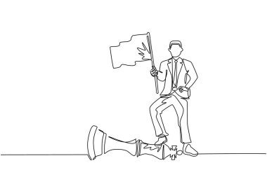 Elinde bayrak tutan işadamı, satranç maçını kazanan rakiplerini sürekli yenen bir çizgi. Şirket stratejisi, güçlü hamleleri avantaj olarak kullanarak başarılı oldu. Tek çizgi çizme tasarım vektörü