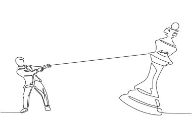 Devamlı bir çizgi halinde genç işadamı büyük kralı halatla çekiyor. İş başarısı hedefi, strateji, rekabetçi, stratejik kavram. Tek çizgi çizimi tasarım vektörü grafik çizimi