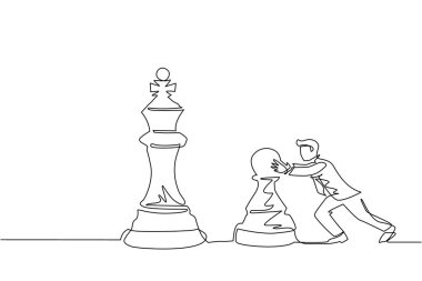 Genç iş adamının sürekli çizdiği tek çizgi büyük bir piyon satranç taşını itiyor. İş stratejisi ve pazarlama planı. İş konseptinde stratejik bir hamle. Bir çizgi çizimi grafik tasarım vektör çizimi