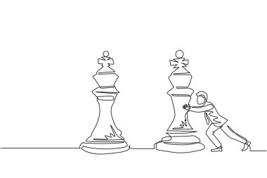 Tek sıra halinde genç işadamı büyük bir satranç taşını itiyor. İş stratejisi ve pazarlama planı. İş konseptinde stratejik bir hamle. Aralıksız çizgi çizimi tasarım grafik vektör çizimi